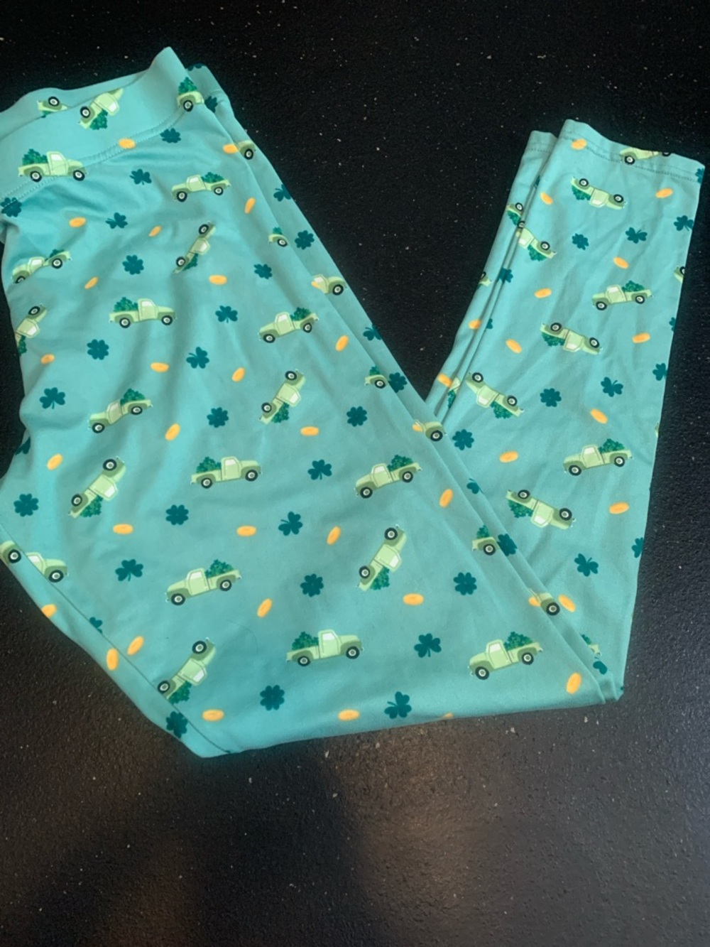 Serra Teal Leggings with Green Truck and Yellow Dot Print - St Patty’s sz Large